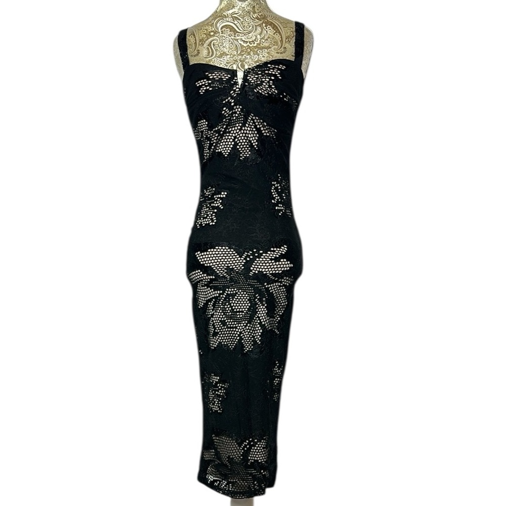 Sexy Stretchy Bodycon Black Lace Floral Midi Cocktail Dress Size Small